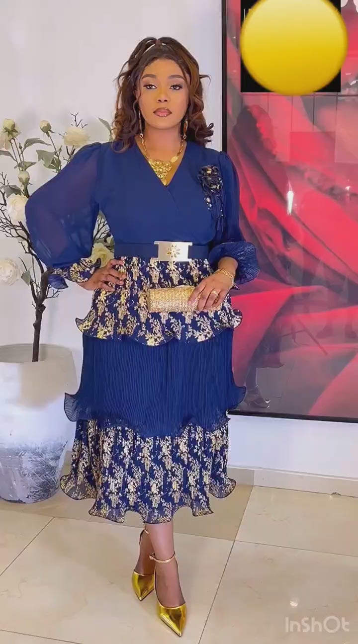 Rukie Navy Blue and Gold Layered Dress